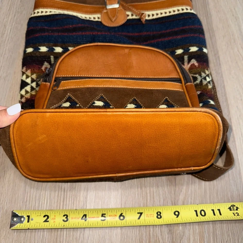 Western Leather Brown & Blue Boho Aztec Drawstring Backpack
